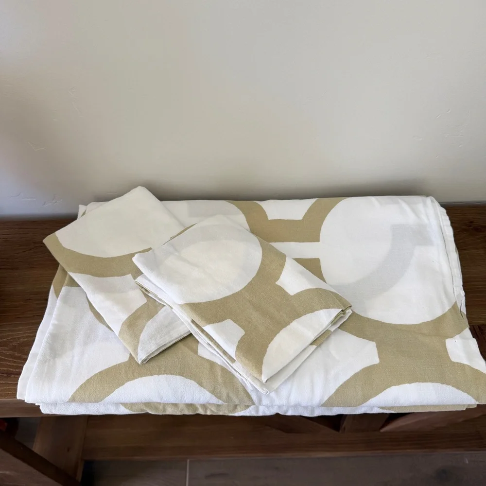 Ikea Glansblomma KING Sz White Beige Green Abstract Print Duvet Cover & 2 Shams